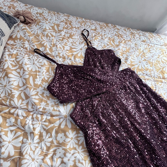 Saylor Harmonie sequin midi brown cocktail dress cutout adjustable strap slit M - Picture 5 of 7